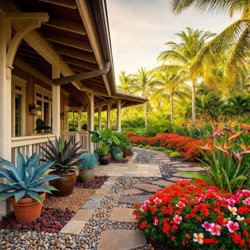 A tropical plantation-style home with a non-combustible lava-rock buffer, ti plants and bird of paradise