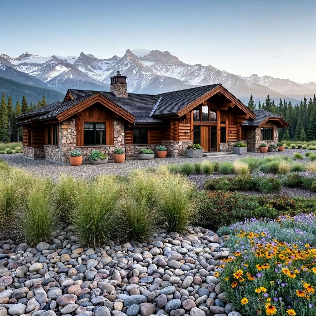 A Wyoming log-and-stone mountain home landscaped with fire-resistant plants and a non-combustible 5-foot rock zone