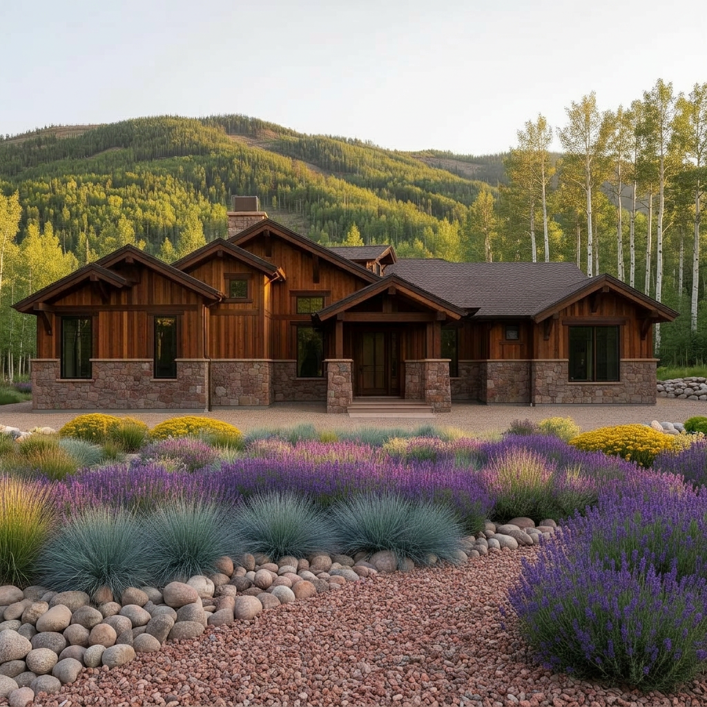 A Colorado craftsman mountain home with stone base and lavender-and-yarrow drifts at a safe distance