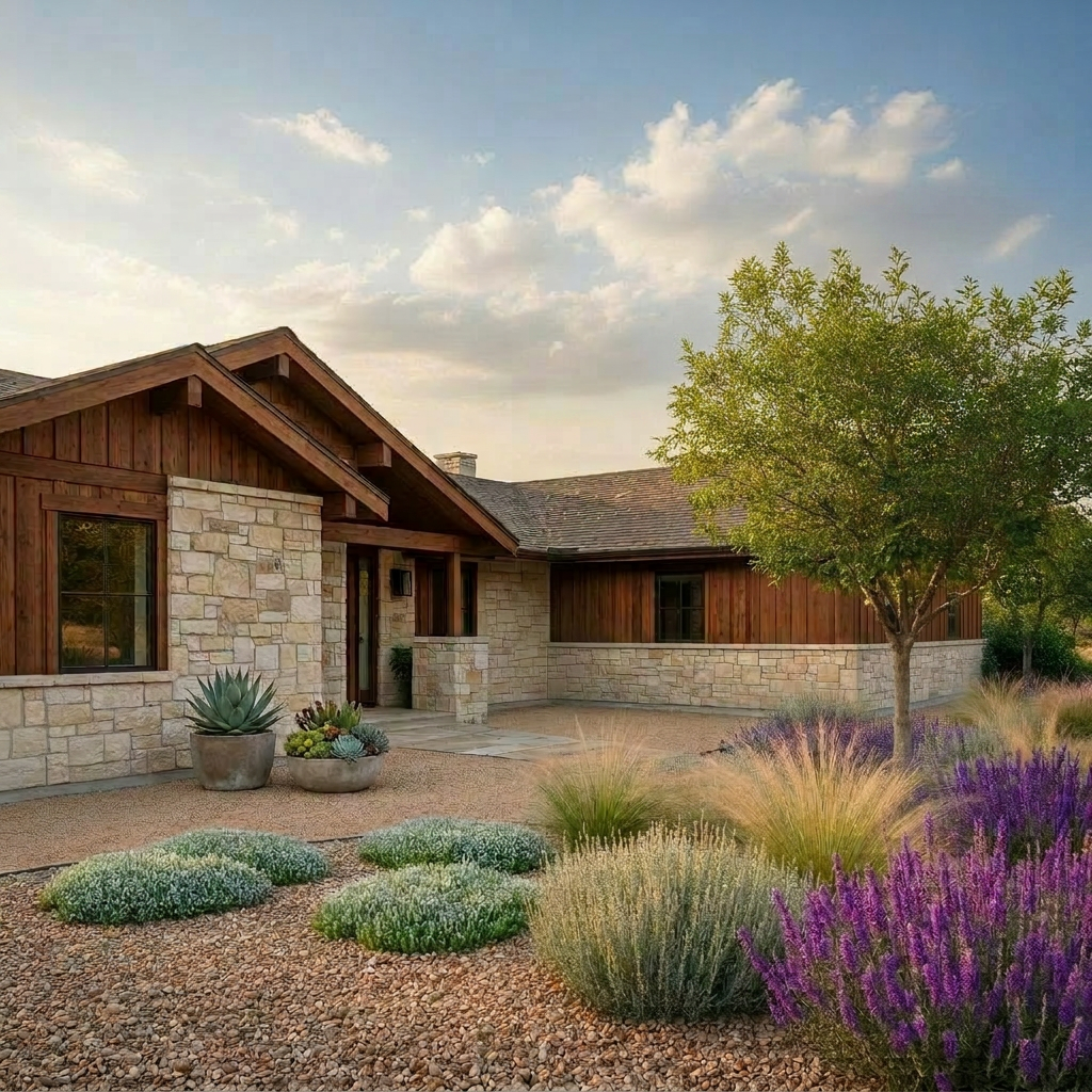 A Texas Hill Country limestone-and-cedar ranch home with muhly grass, salvia and a redbud at safe spacing