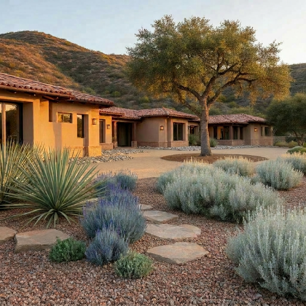 A Southern California Mediterranean stucco home with foxtail agave, white sage and a single limbed-up coast live oak
